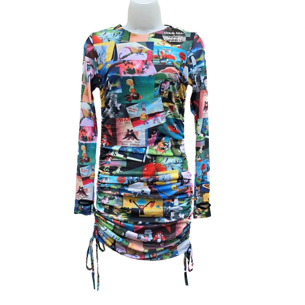 Dolls Kill x Looney Tunes Dress Small Ruched Long Sleeve Screen Grab